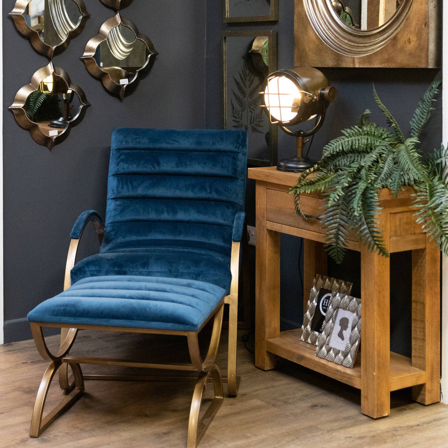 Navy And Brass Ribbed Footstool